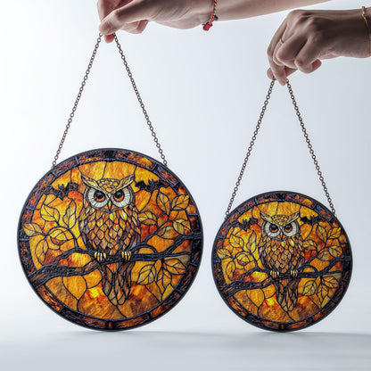 Owl Stained Glass Suncatcher, Autumn Window Hanging with Tree Branch and Full Moon, Rustic Woodland Bird Decor for Home and Nature Lovers