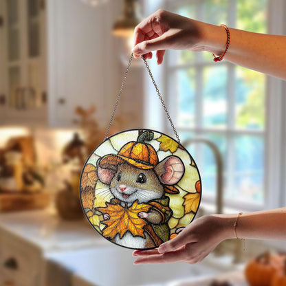 Mouse Stained Glass Suncatcher, Cute Autumn Window Hanging with Pumpkin Hat and Fall Leaves, Woodland Animal Decor for Home and Gift