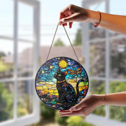 Black Cat Stained Glass Suncatcher, Cosmic Window Hanging with Stars, Moon and Dragonfly, Mystical Galaxy Decor for Home and Cat Lovers Gift