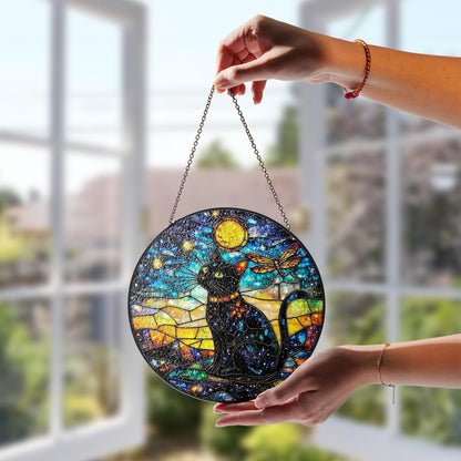Black Cat Stained Glass Suncatcher, Cosmic Window Hanging with Stars, Moon and Dragonfly, Mystical Galaxy Decor for Home and Cat Lovers Gift
