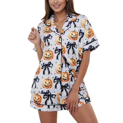 Women Halloween Pajamas Set Cute Pumpkin Ghost Print  Pajamas Set
