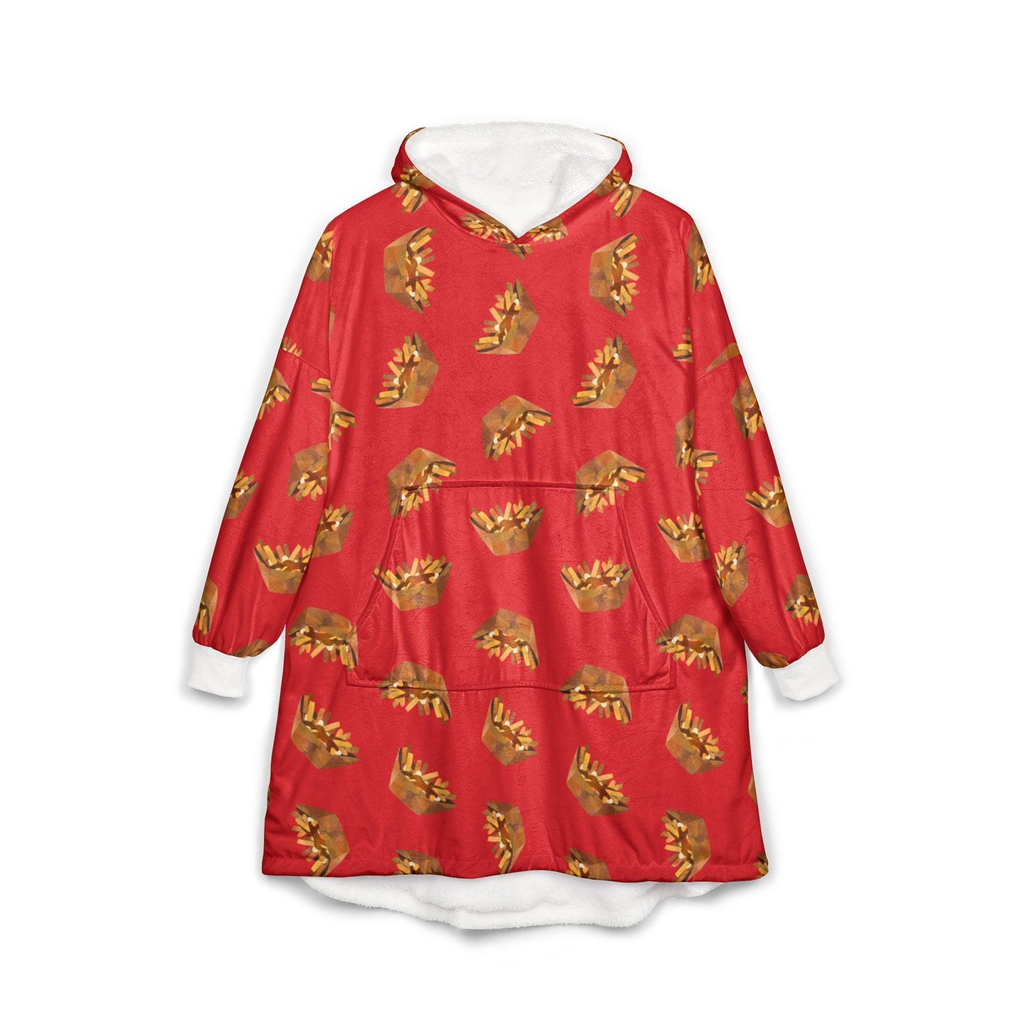 Poutine Pattern Hooded Blanket: Cozy Polyester Fleece, Kangaroo Pocket