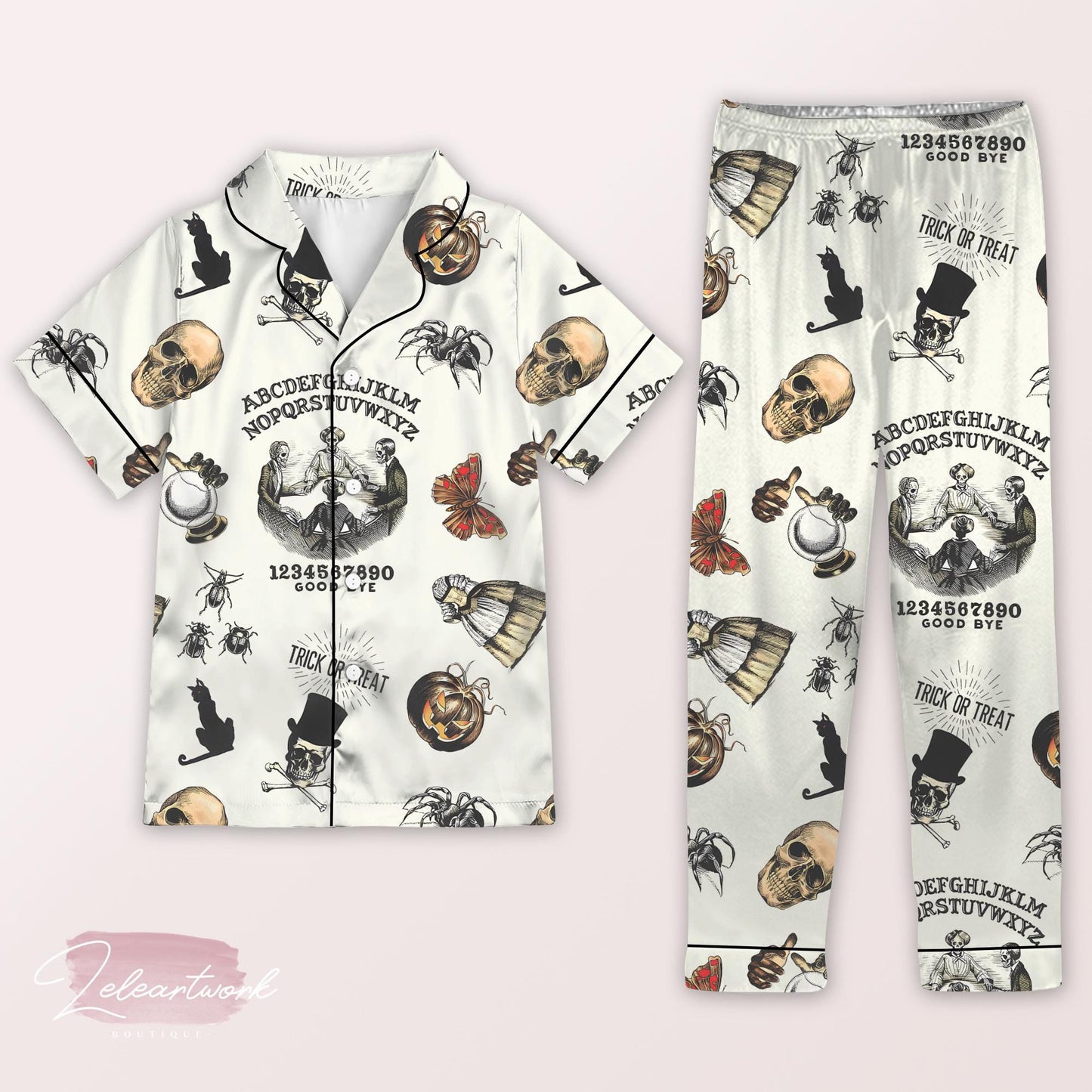 Trick Or Treat Vintage Halloween Pajama – Spooky Ouija-Inspired Satin Sleepwear with Skulls, Cats & Pumpkins