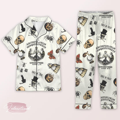 Trick Or Treat Vintage Halloween Pajama – Spooky Ouija-Inspired Satin Sleepwear with Skulls, Cats & Pumpkins