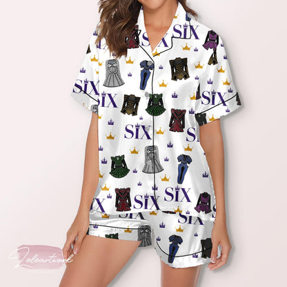 Six The Musical Pajama Set – Broadway-Inspired Satin Sleepwear with Costume & Crown Print