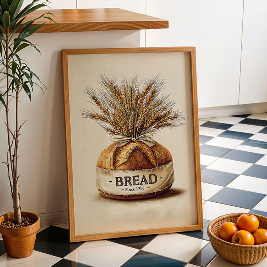 Vintage Wall Art Poster Print Rustic Kitchen Print Farmhouse Country Decor Botanical Wheat Bread Illustration Rustic Food Wall Art Poster