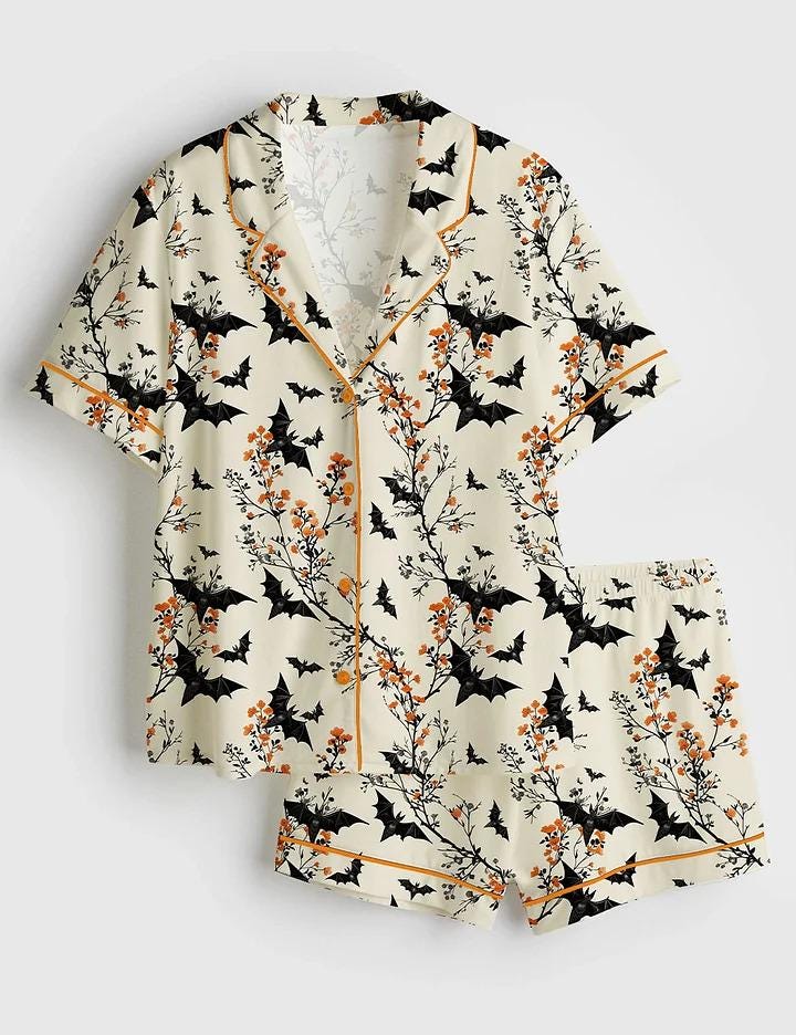 Women's Halloween Batt Short Sleeve Satin Pajama Set, Sleepwear Halloween Print Bat Nightwear Pijama Set, Gift for women lover