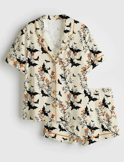 Women's Halloween Batt Short Sleeve Satin Pajama Set, Sleepwear Halloween Print Bat Nightwear Pijama Set, Gift for women lover