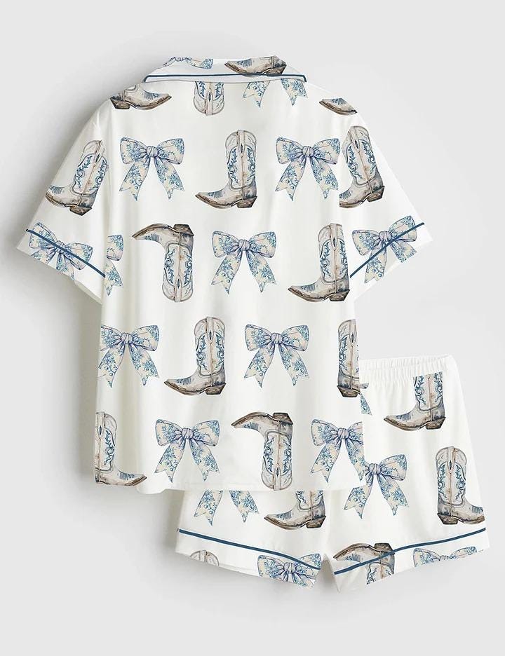 Women's Coquette Blue Bow And Boots Cowgirl Short Sleeve Satin Pajama Set, Gift For Women Pijamas Cowgirl Bow Boots Print