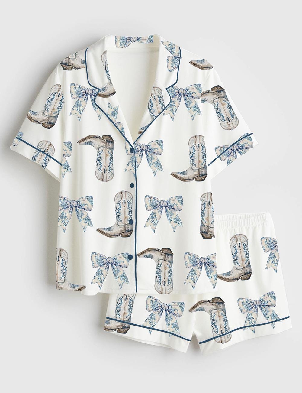 Women's Coquette Blue Bow And Boots Cowgirl Short Sleeve Satin Pajama Set, Gift For Women Pijamas Cowgirl Bow Boots Print