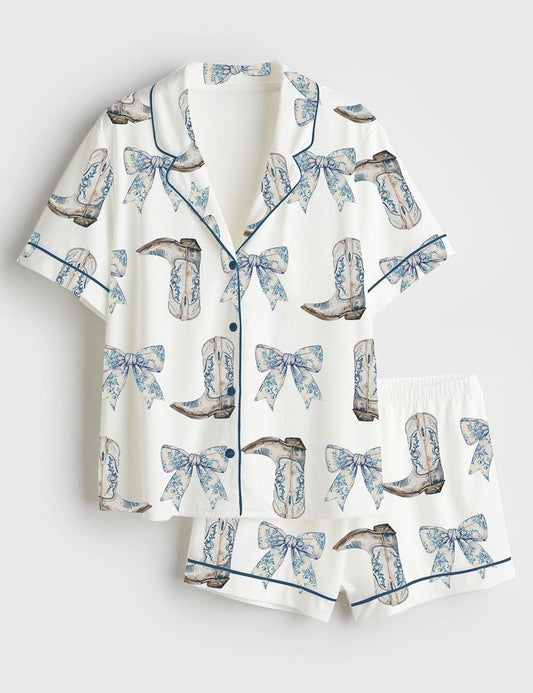 Women's Coquette Blue Bow And Boots Cowgirl Short Sleeve Satin Pajama Set, Gift For Women Pijamas Cowgirl Bow Boots Print