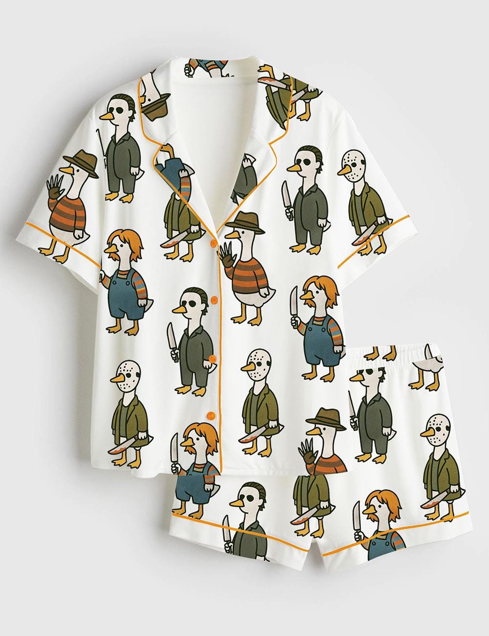 Women’s Pajama Just A Horror Goose Halloween, Silly Goose Horror Movie Print Short Sleeve Satin Pajama Set, Womens Pajamas Gift Pjs