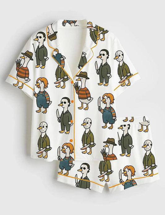Women’s Pajama Just A Horror Goose Halloween, Silly Goose Horror Movie Print Short Sleeve Satin Pajama Set, Womens Pajamas Gift Pjs
