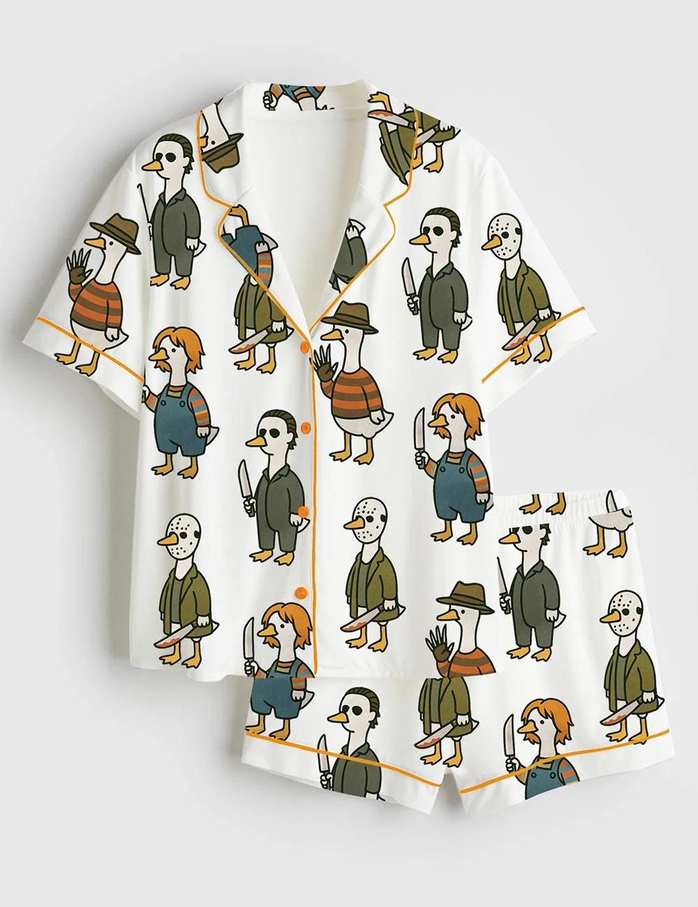 Women’s Pajama Just A Horror Goose Halloween, Silly Goose Horror Movie Print Short Sleeve Satin Pajama Set, Womens Pajamas Gift Pjs