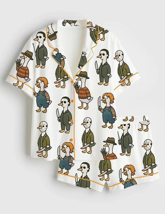 Women’s Pajama Just A Horror Goose Halloween, Silly Goose Horror Movie Print Short Sleeve Satin Pajama Set, Womens Pajamas Gift Pjs