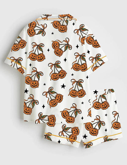 Women’s Halloween Pumpkin Cheeries Coquette Short Sleeve Satin Pajama Set, Womens Pumpkin Pajamas Cheeries Gift Pjs