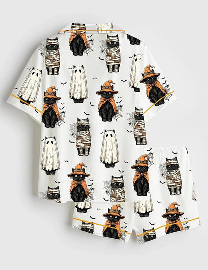 Women’s Black Cat Pumpkin Ghosts Cat Halloween Short Sleeve Satin Pajama Set, Womens Pumpkin Pajamas Ghosts Gift Pjs Cat