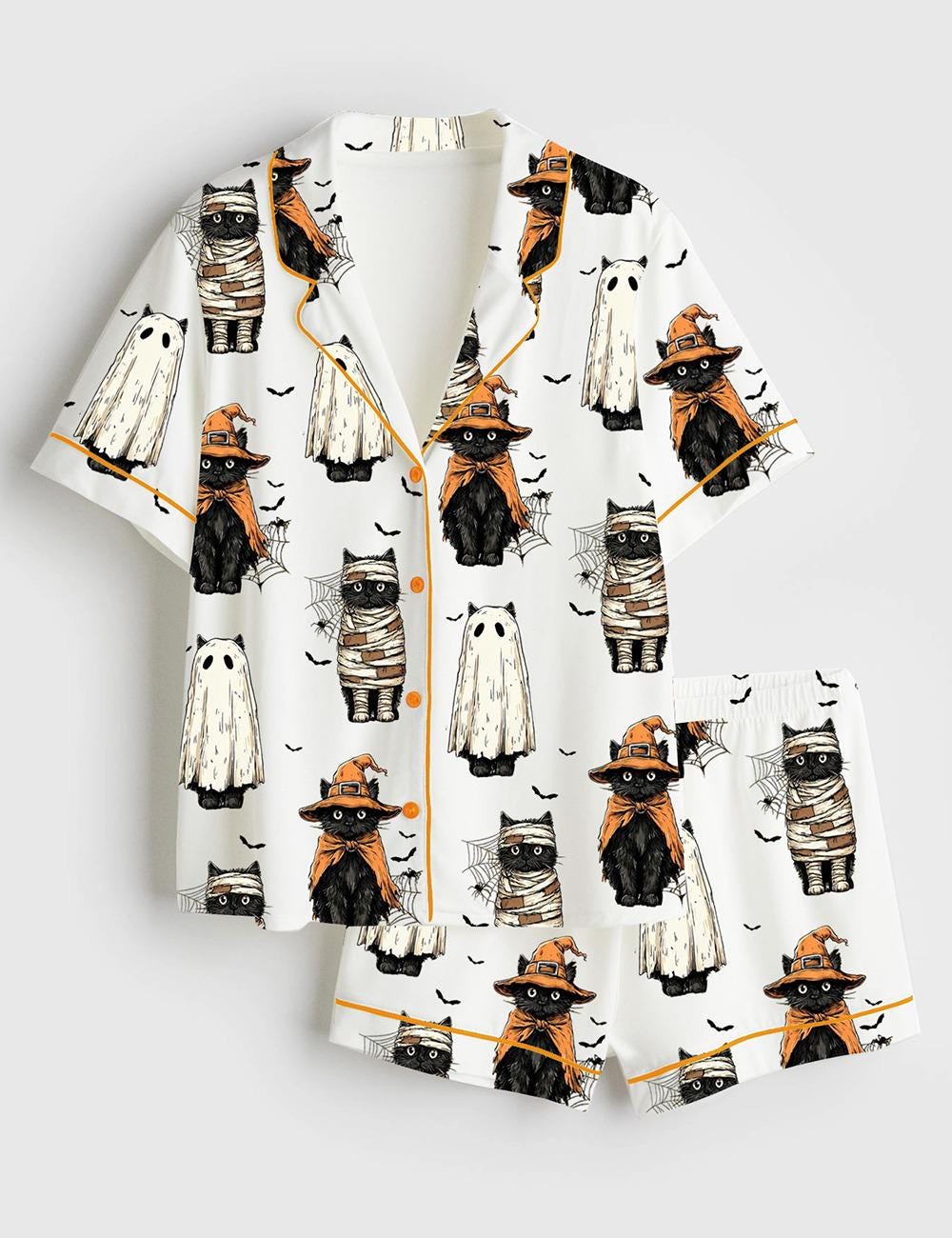 Women’s Black Cat Pumpkin Ghosts Cat Halloween Short Sleeve Satin Pajama Set, Womens Pumpkin Pajamas Ghosts Gift Pjs Cat