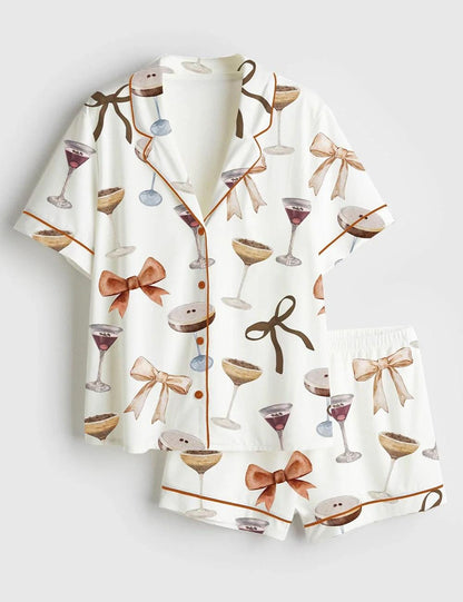 Women's Espresso Martinii Coquette Bow Short Sleeve Satin Pajama Set, Martinii Pajama pja shirt, Sleepwear Halloween Nightwear Pijama Set
