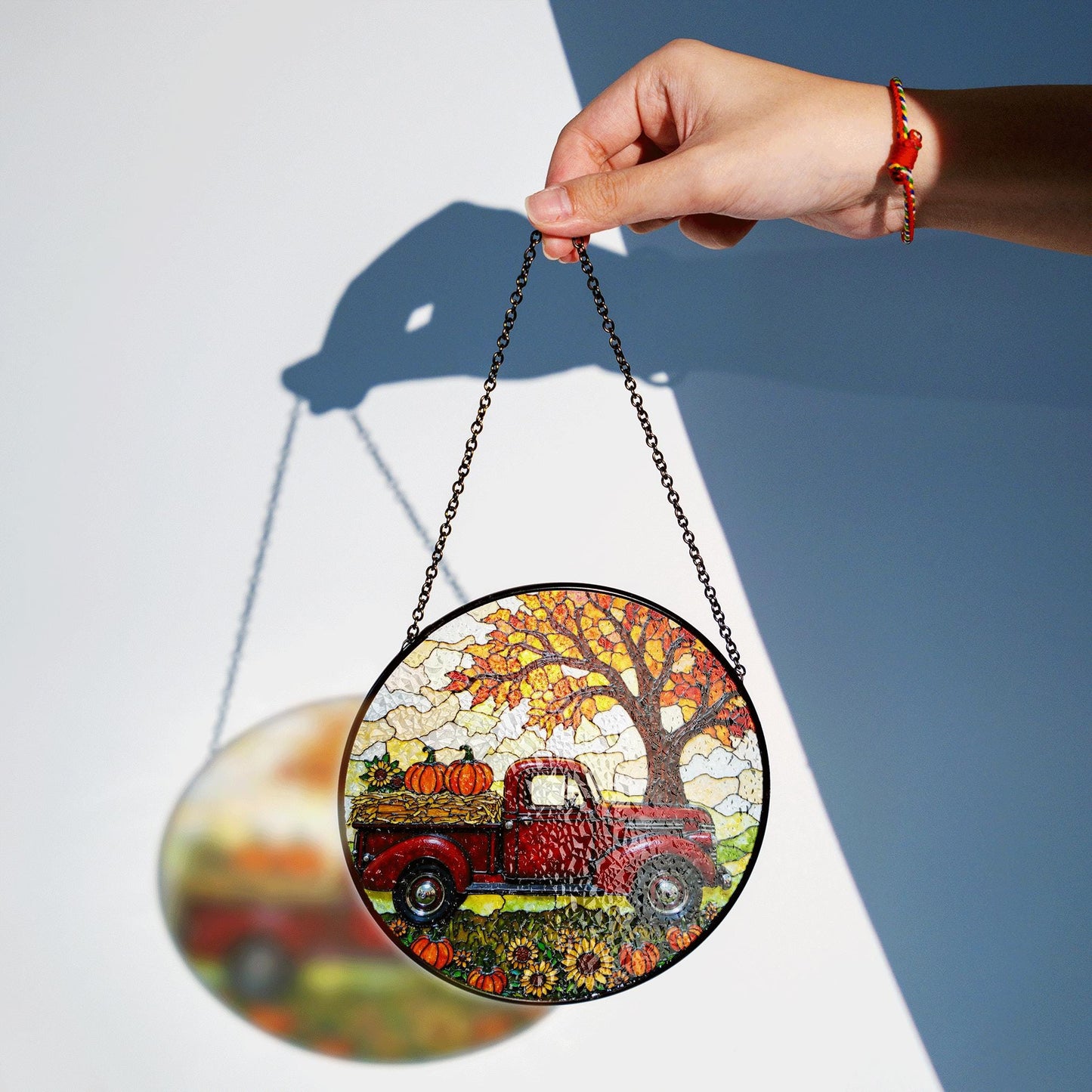 suncatcher stained glass red truck autumn pumpkin harvest gift for mom Mothers Day gift