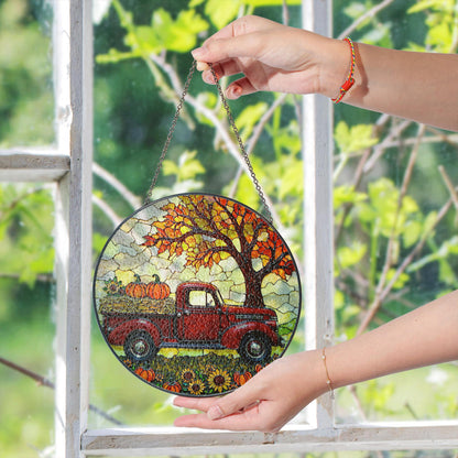 suncatcher stained glass red truck autumn pumpkin harvest gift for mom Mothers Day gift