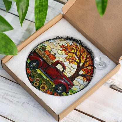 suncatcher stained glass red truck autumn pumpkin harvest gift for mom Mothers Day gift