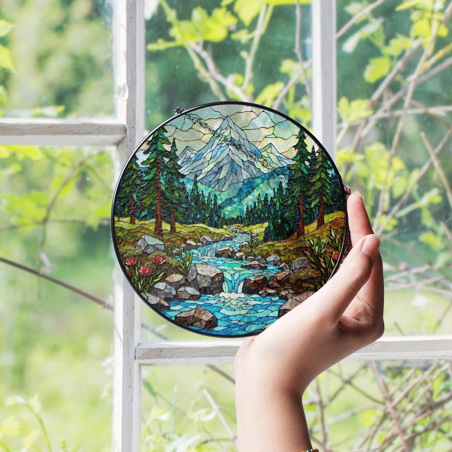 Suncatcher mountain forest stream landscape gift for mom Mothers Day gift Christmas gift