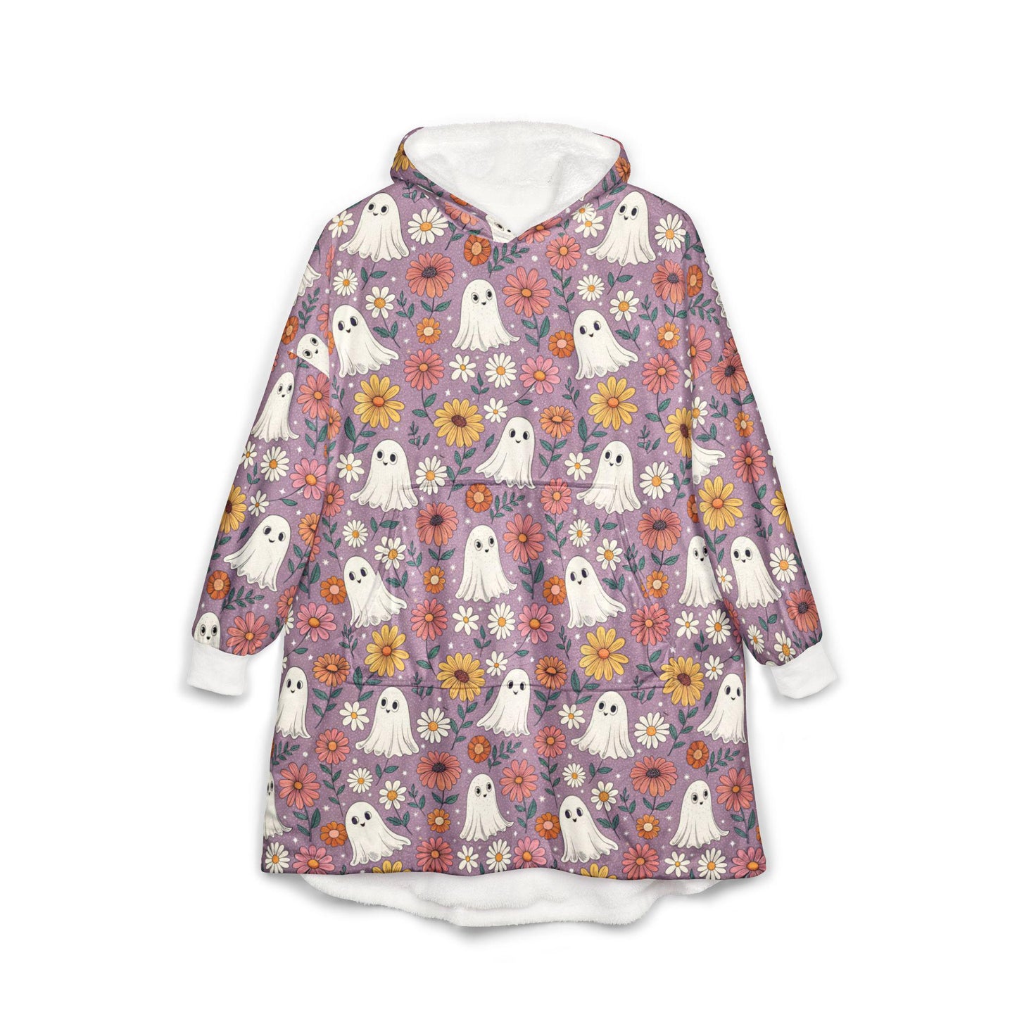 Floral Ghost Hooded Blanket: Cozy Unisex Polyester Fleece