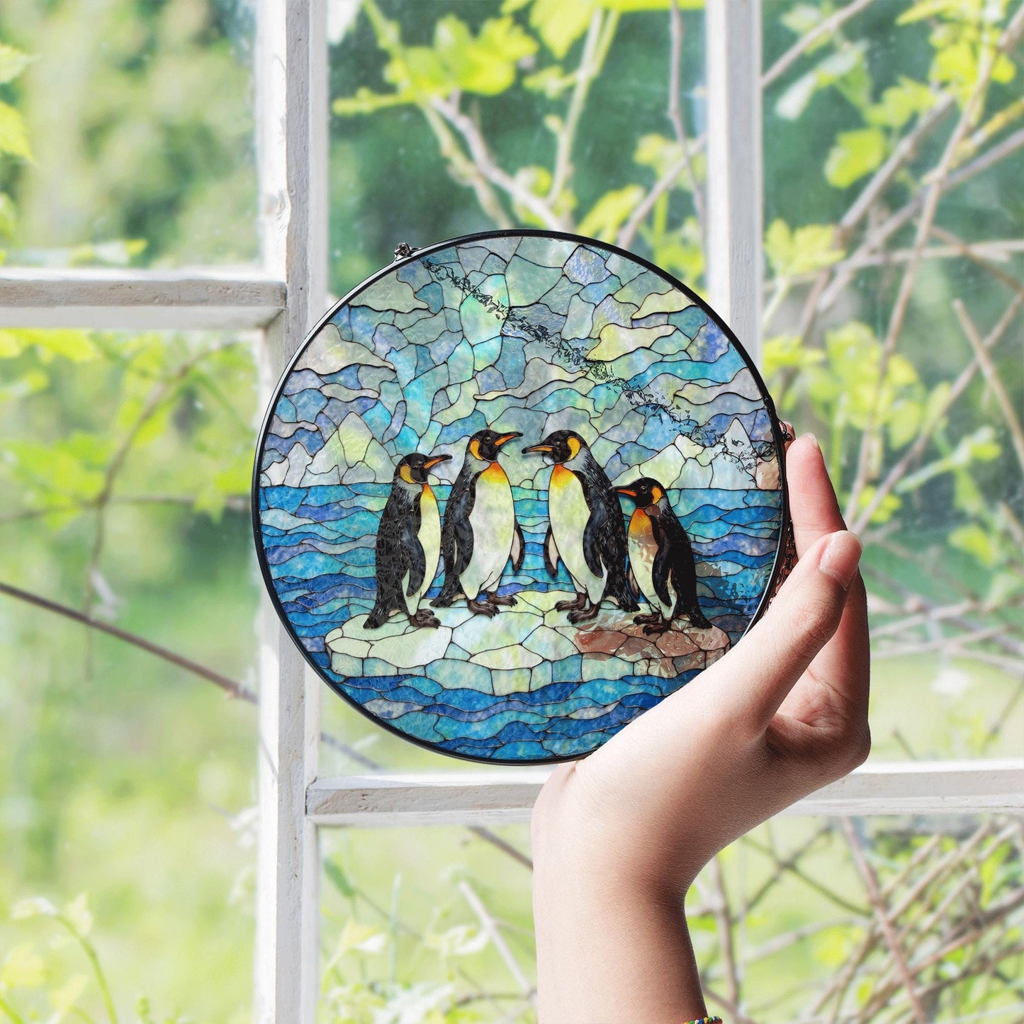 Suncatcher stained glass penguins on ice Christmas gift for mom winter home decor