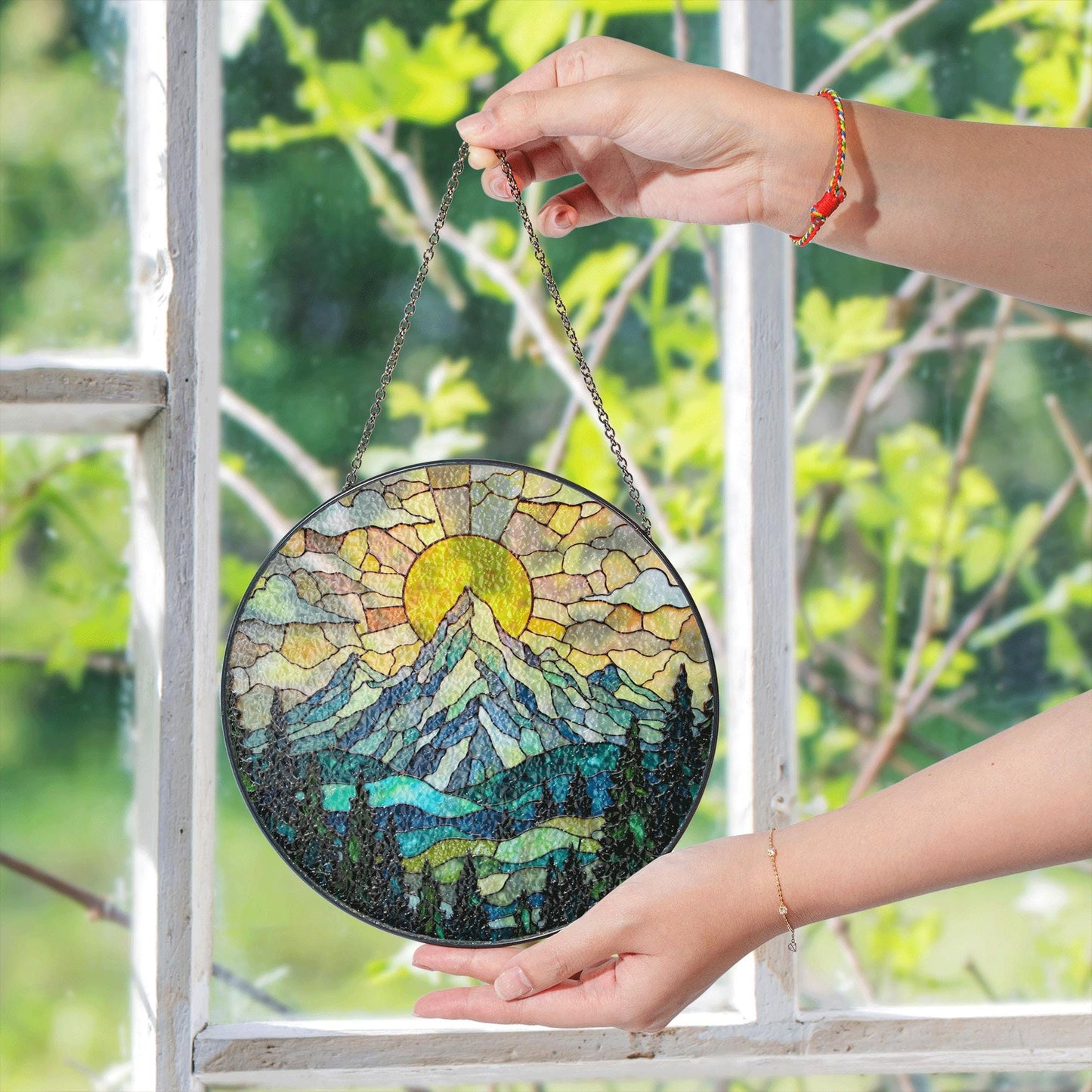 Suncatcher stained glass mountain sunrise landscape gift for mom Mother’s Day gift Christmas gift