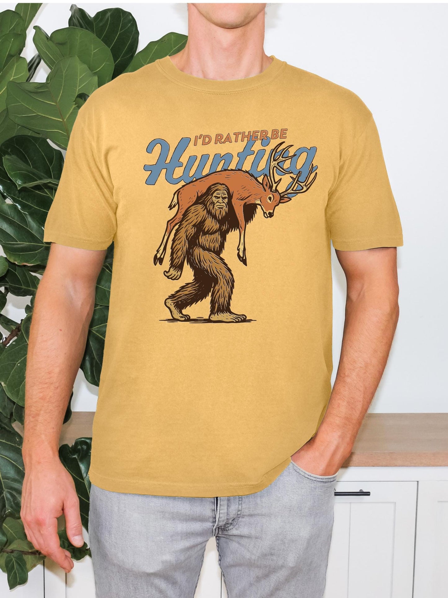 I'd Rather Be Hunting Shirt, Bigfoot Hunting Shirt, Funny Sasquatch Carrying Deer, Rustic Hunter Gift, Sasquatch Graphic Tee, Cryptid Tee