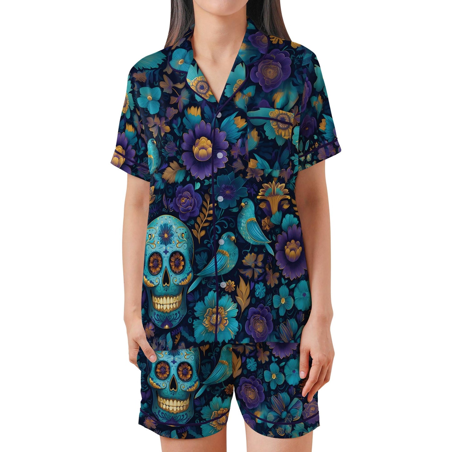 Day of the Dead Pajama Set Short Sleeves, Sugar Skull Woman's Satin Pajamas Calavera Dia de Los Muertos Pajama Set