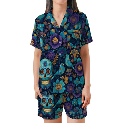 Day of the Dead Pajama Set Short Sleeves, Sugar Skull Woman's Satin Pajamas Calavera Dia de Los Muertos Pajama Set