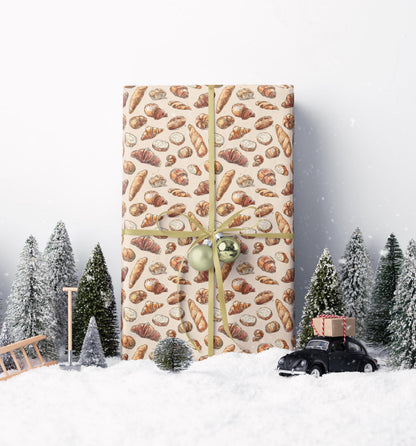 Farmers Market Wrapping Paper Roll Eco Rustic Bakery Theme Baguettes and Croissants Farmhouse Kitchen Foodie Gift Wrap #27