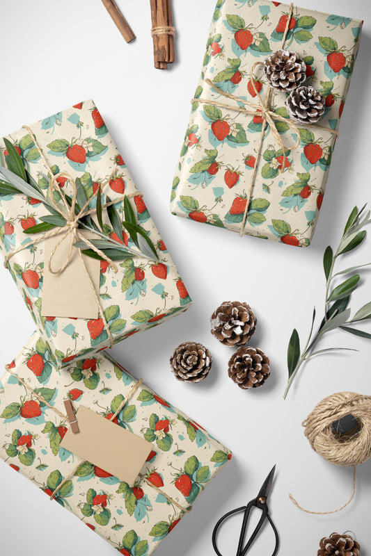 Farmers Market Wrapping Paper Roll Rustic Farm Fresh Strawberries Fruit Illustration Eco Friendly Farmhouse Kitchen Gift Wrap #37