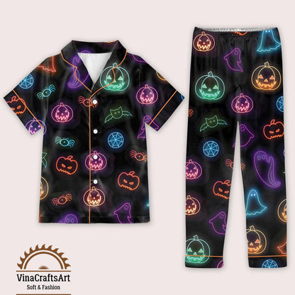 Cute Halloween Ghost Pajamas Set, Neon Ghost Pumpkin Bat Pajamas Set, Spooky Cute Sleepwear, Holiday Loungewear