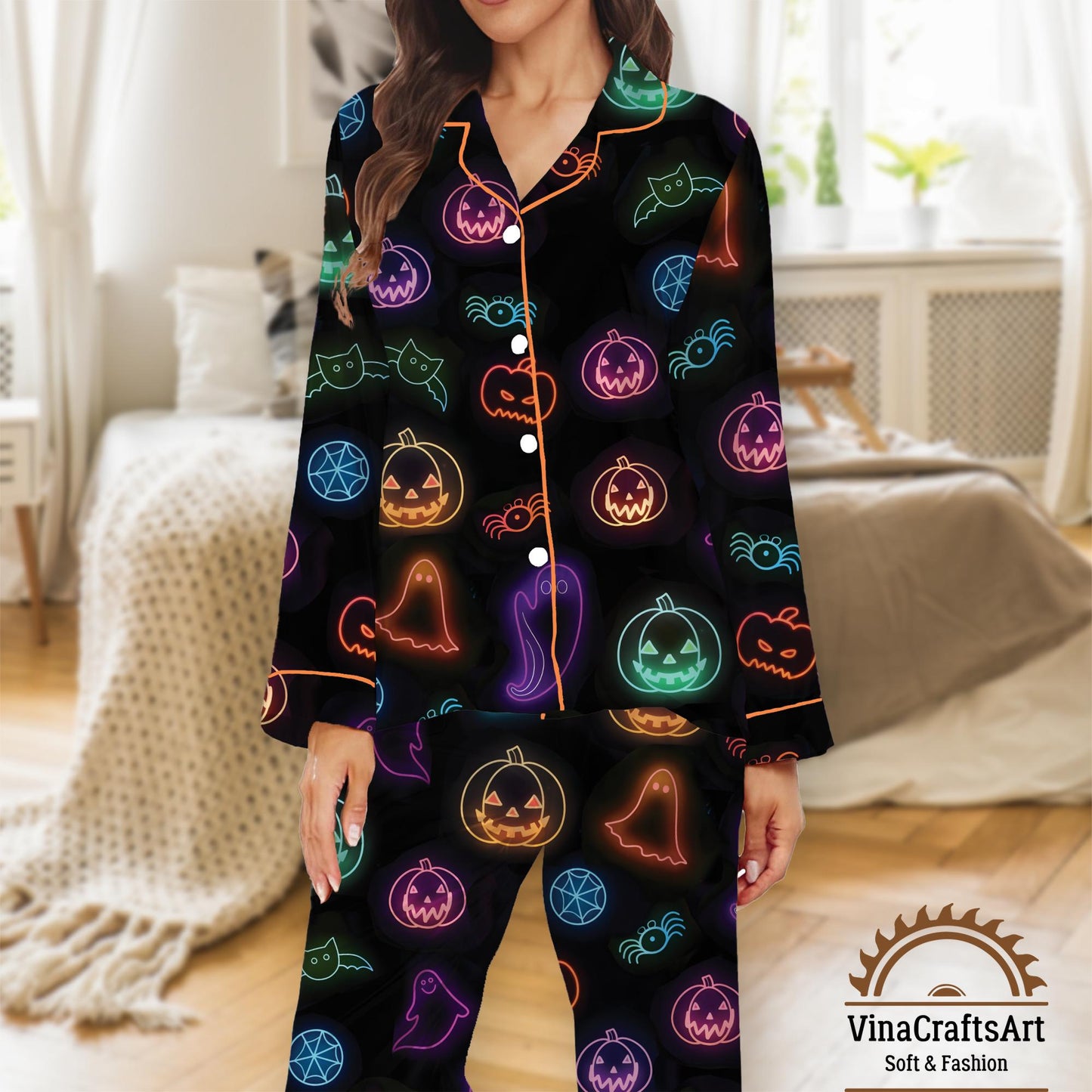 Cute Halloween Ghost Pajamas Set, Neon Ghost Pumpkin Bat Pajamas Set, Spooky Cute Sleepwear, Holiday Loungewear