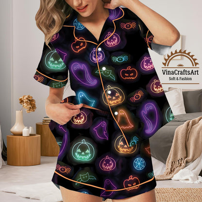 Cute Halloween Ghost Pajamas Set, Neon Ghost Pumpkin Bat Pajamas Set, Spooky Cute Sleepwear, Holiday Loungewear