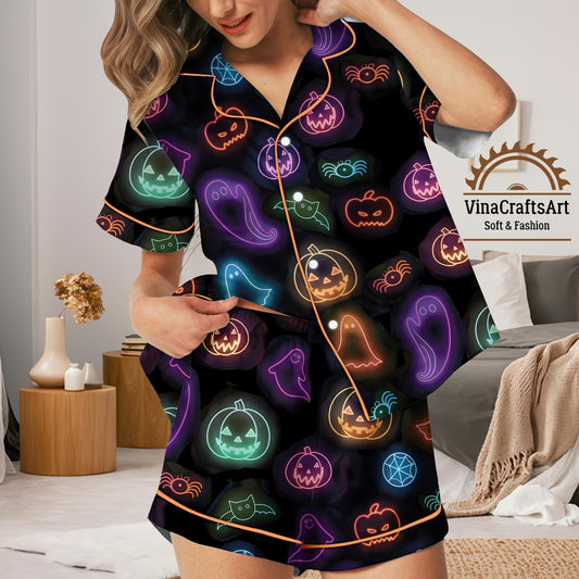 Cute Halloween Ghost Pajamas Set, Neon Ghost Pumpkin Bat Pajamas Set, Spooky Cute Sleepwear, Holiday Loungewear