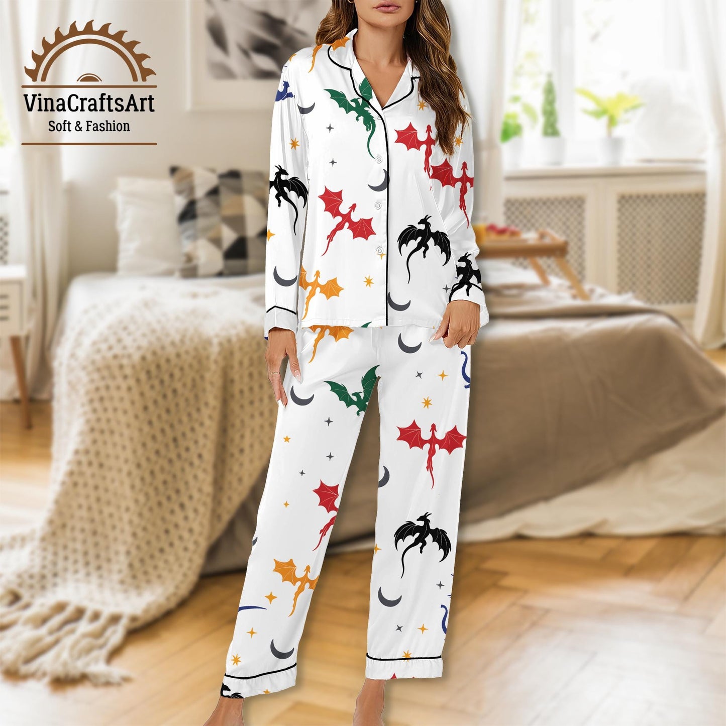 Dragon Pajamas Set, Fantasy Nightwear for Women, Colorful Dragon Moon Star Pajamas Set, Fourth Wing Pajamas Set