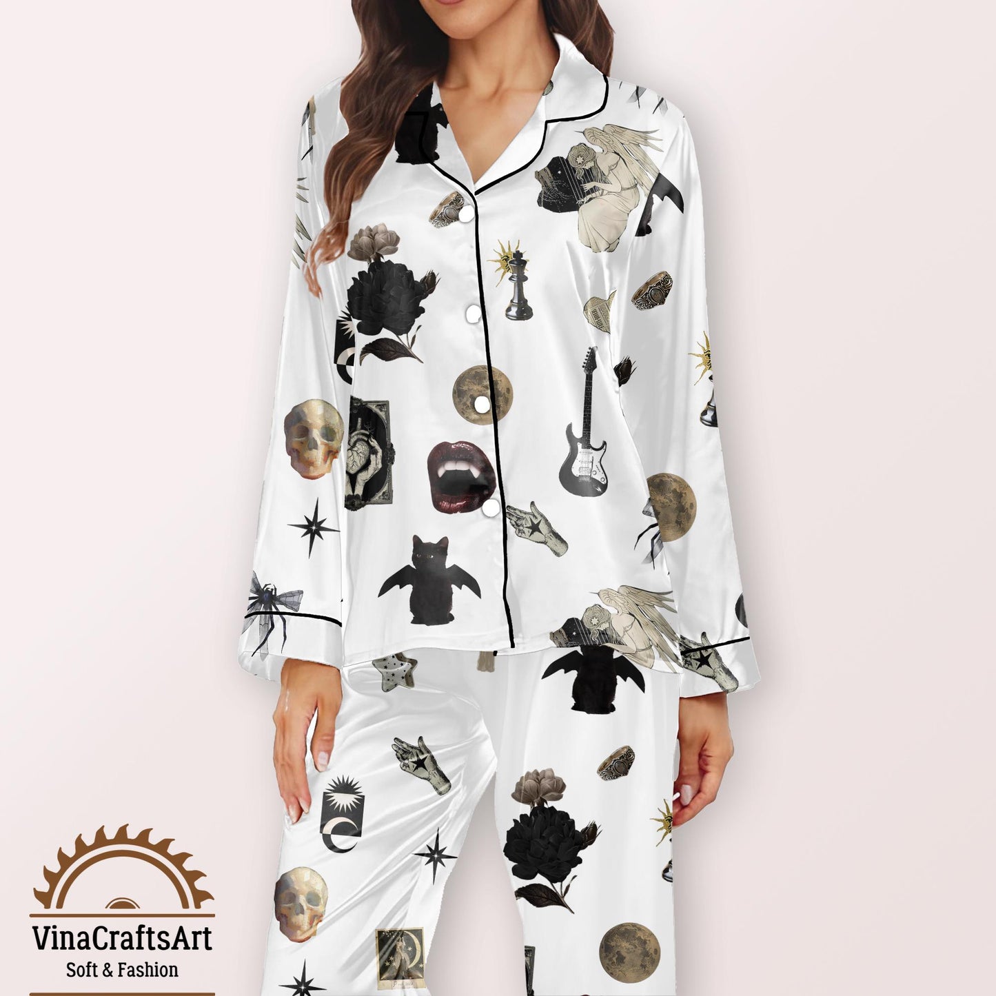 Gothic Pajamas Set, Vampire Bat Skull Moon Pajamas Set, Dark Aesthetic Sleepwear, Rock and Roll Loungewear, Spooky pajamas Set