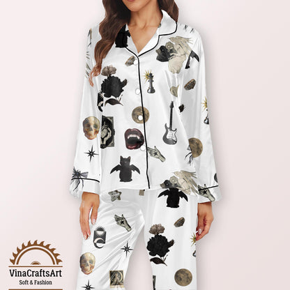 Gothic Pajamas Set, Vampire Bat Skull Moon Pajamas Set, Dark Aesthetic Sleepwear, Rock and Roll Loungewear, Spooky pajamas Set