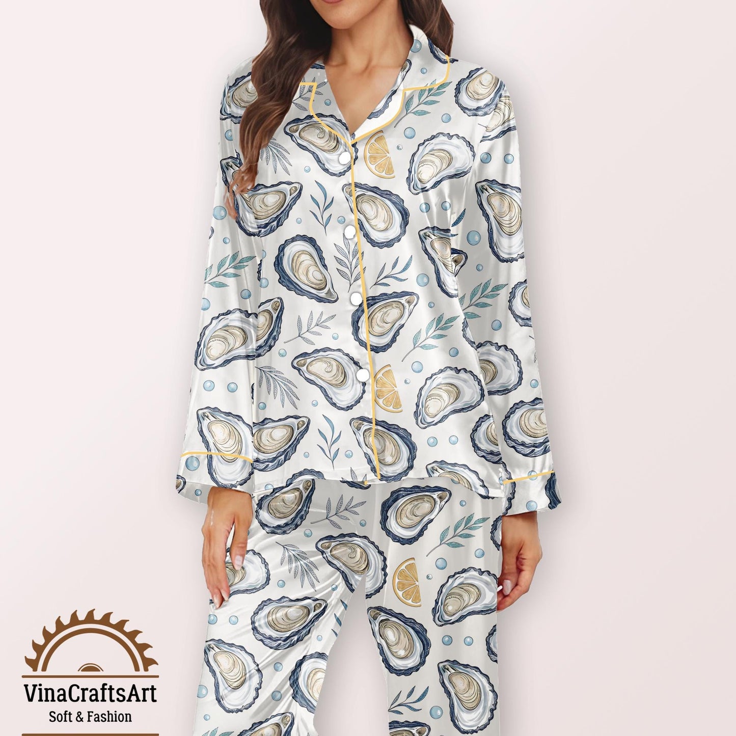 Oyster Pajamas Set, Coastal Summer Sleepwear for Women, Seashell Lemon Pajamas Set, Nautical Beach Loungewear, Cute Summer Pajamas