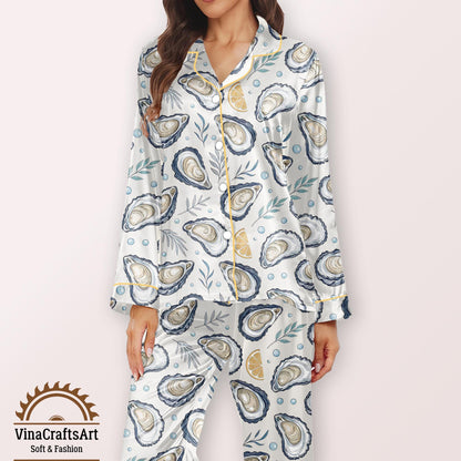 Oyster Pajamas Set, Coastal Summer Sleepwear for Women, Seashell Lemon Pajamas Set, Nautical Beach Loungewear, Cute Summer Pajamas