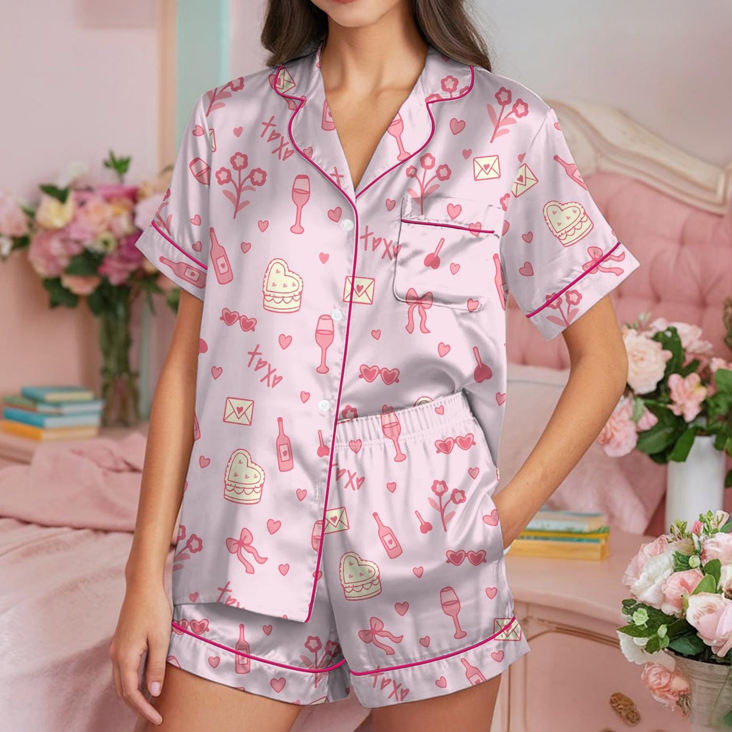 Love Aesthetic Pajama Set, Heart Cakes Coquette Sleepwear, Valentine's Day Loungewear Set, Hearts Valentine Holiday Pajamas, Girly  Pjs