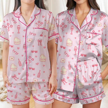 Love Aesthetic Pajama Set, Heart Cakes Coquette Sleepwear, Valentine's Day Loungewear Set, Hearts Valentine Holiday Pajamas, Girly  Pjs