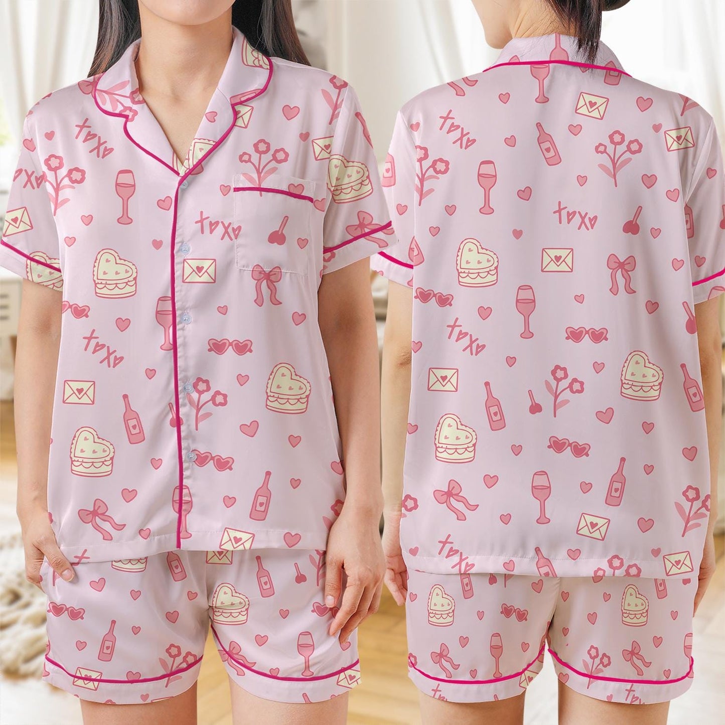 Love Aesthetic Pajama Set, Heart Cakes Coquette Sleepwear, Valentine's Day Loungewear Set, Hearts Valentine Holiday Pajamas, Girly  Pjs