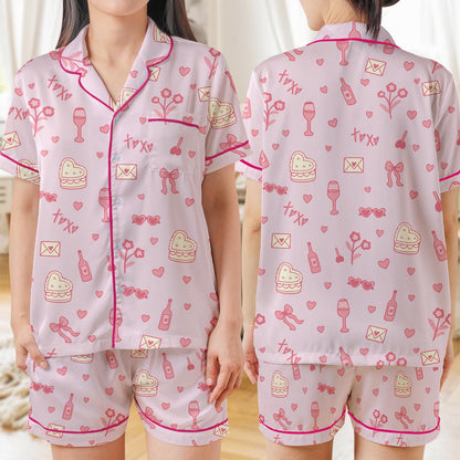 Love Aesthetic Pajama Set, Heart Cakes Coquette Sleepwear, Valentine's Day Loungewear Set, Hearts Valentine Holiday Pajamas, Girly  Pjs