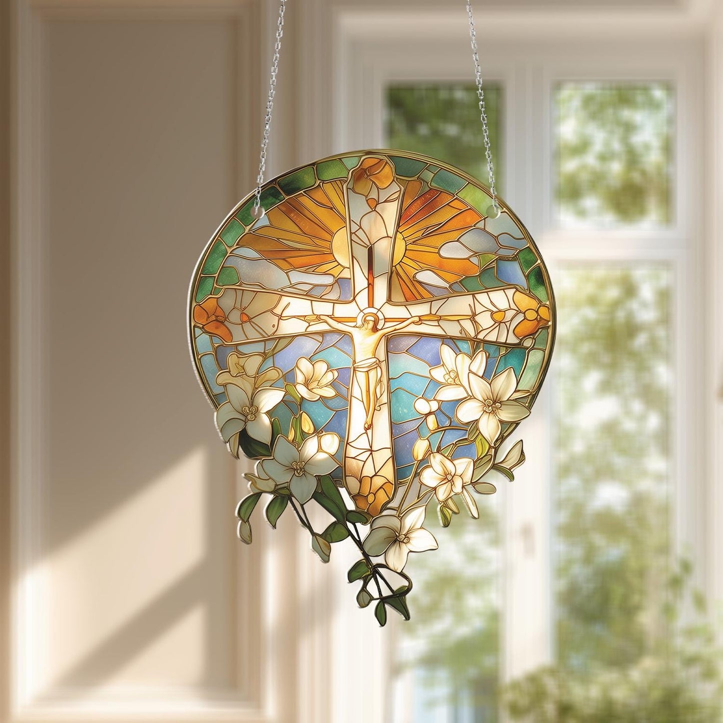 Christian Cross Window Hanging – Religious Floral Window Decoration, Inspirational Hanging Art for Home, Church, Prayer Room & Gift
