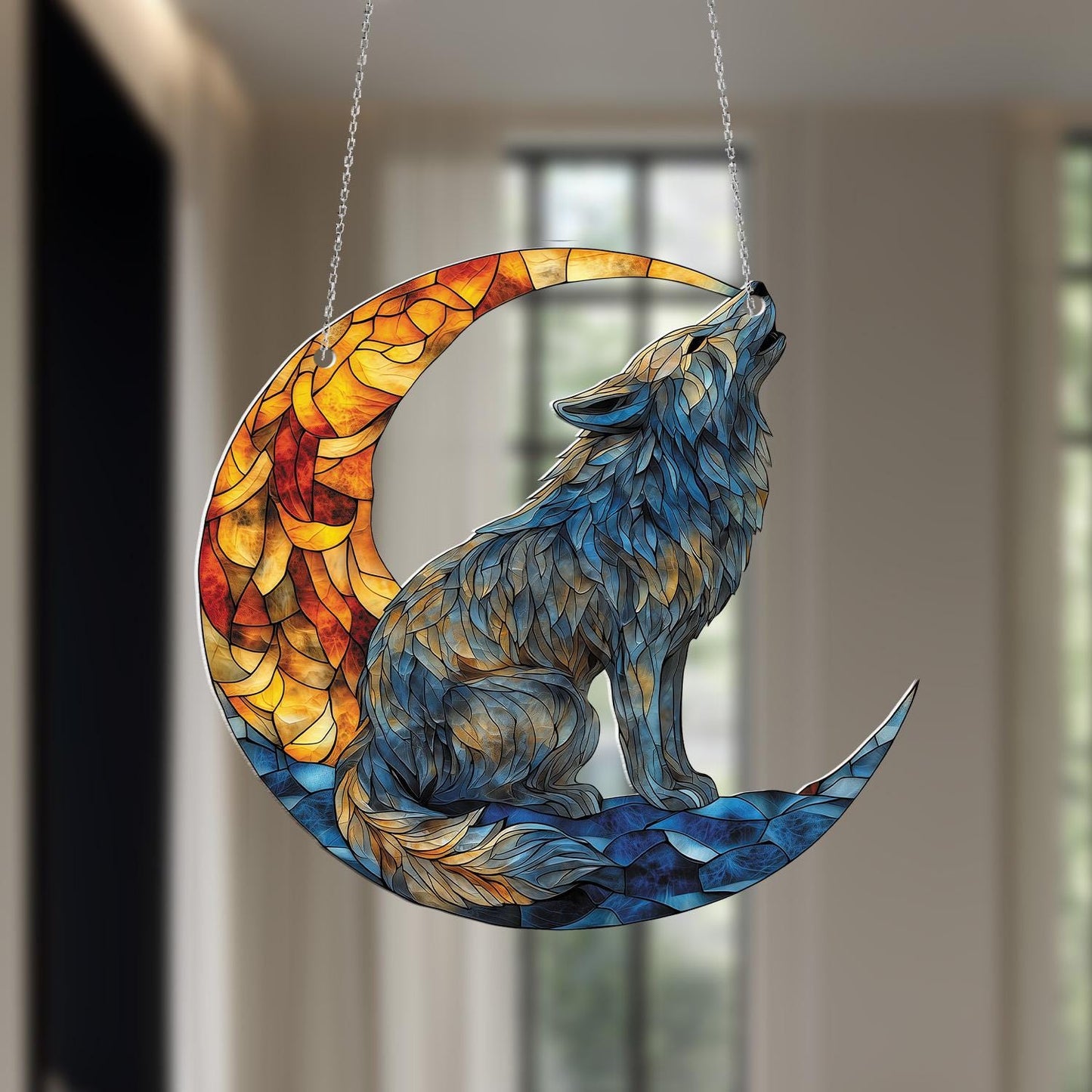 Wolf Moon Window Hanging – Unique Howling Wolf Decoration, Boho Animal Hanging Art for Bedroom, Living Room, Cabin, Lodge and Gift